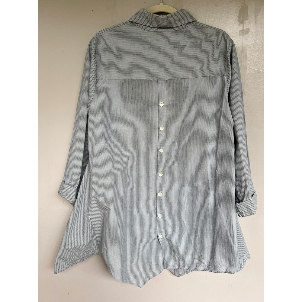 Tulip Blue Pinstripe Button Down Shirt Medium Long Sleeve Asymmetrical Lagenlook - Picture 5 of 7